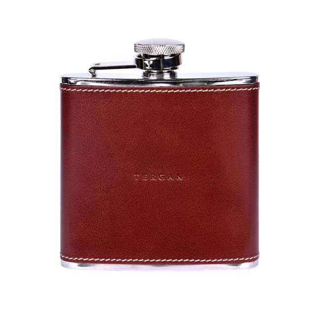 Stainless steel hip flask with brown natural leather