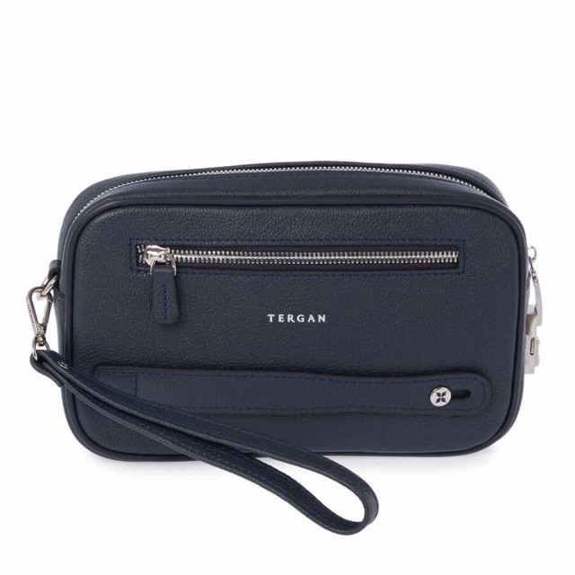 Тъмносиня ръчна чанта от естествена кожа