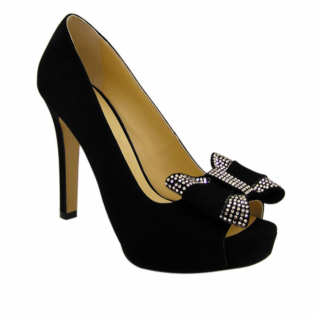 Черни дамски обувки на висок ток с камъни Swarovski